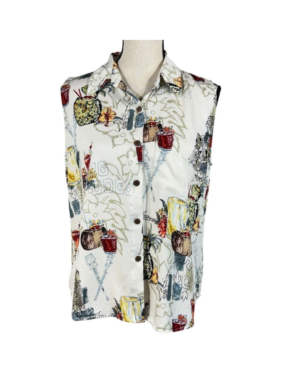 Big Dogs Medium Top Button-Up Sleeveless Floral Cocktail Drinks Hawaiian Womens